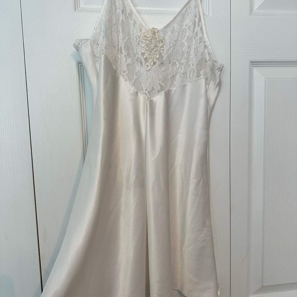 Satin Lace-Trim beaded Slip Chemise in white